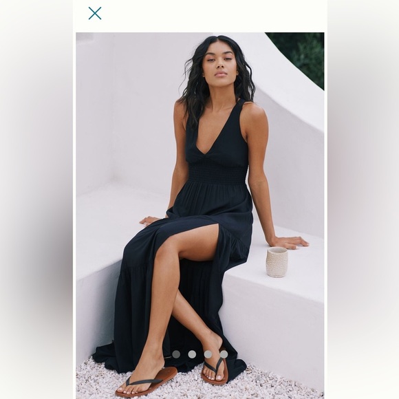 Anthropology L Space Lilikoi V Neck Tiered High Slit, Smocked Black Maxi Dress - Picture 1 of 16